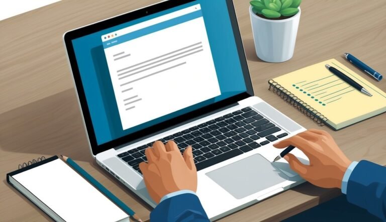 Person typing on laptop with document on screen, desk with notepad and pen