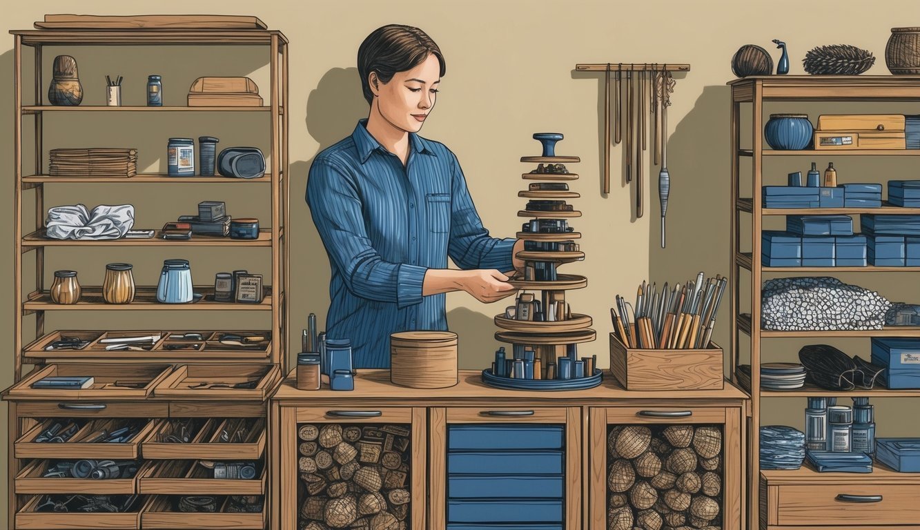 Woman assembling a tiered wooden display in a workshop with shelves
