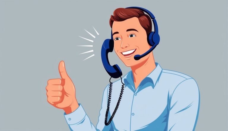Smiling customer service representative with headset giving a thumbs up