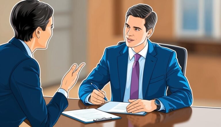 Two men in suits having a discussion at a desk with documents