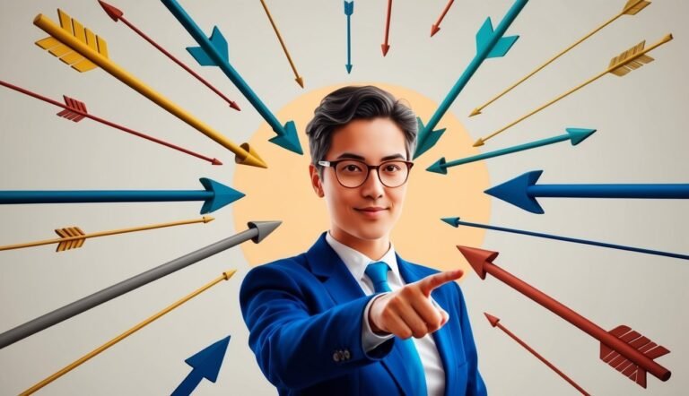 Man in suit with arrows pointing at him, pointing forward