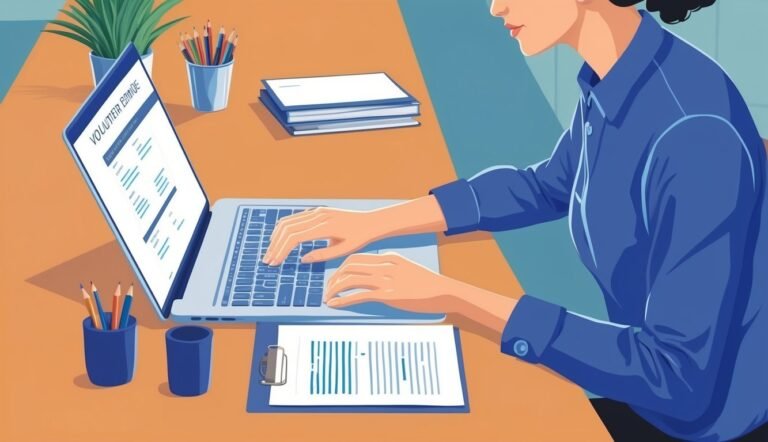 Woman working on laptop with "Volunteer Guide" document on screen