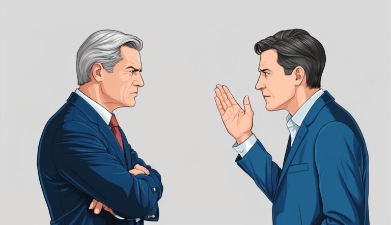 Two men in suits facing each other, one gesturing with hand