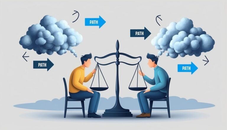 Two people balancing scales, clouds, and "path" arrows