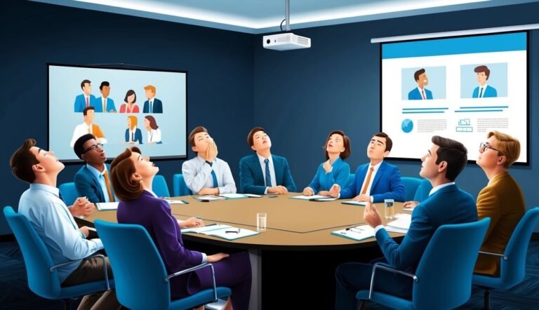 Business team in a meeting, looking up at a projector screen