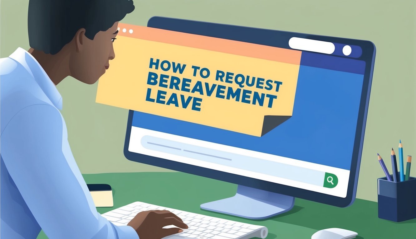 A person at a desk, looking at a computer screen with a search bar open, typing "how to request bereavement leave" into the search engine