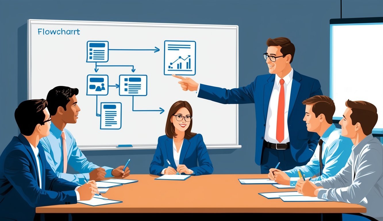 A manager leading a team meeting, pointing to a flowchart on a whiteboard.</p><p>Colleagues are engaged and taking notes