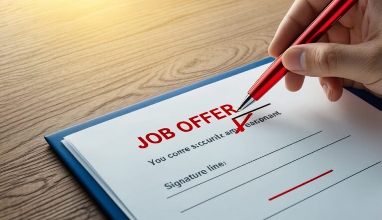 Hand with red pen marking a job offer form with a red check