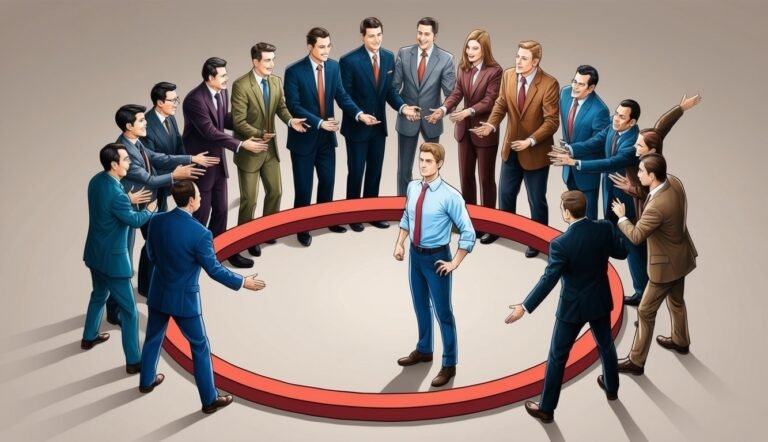 Businessmen in suits surround a man standing inside a red circle