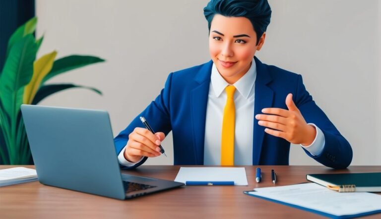 Person in blue suit with yellow tie at a desk with laptop and papers
