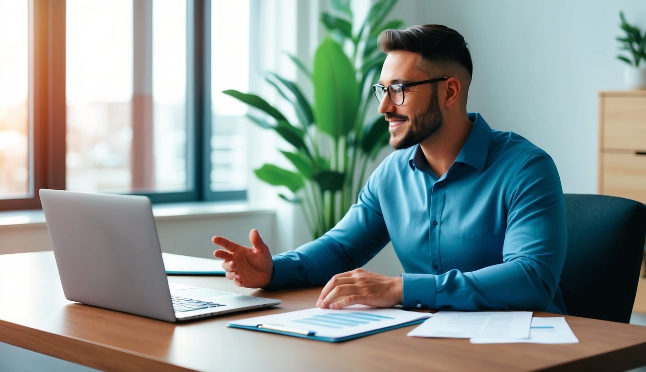 A person sitting at a desk, with a laptop and papers, engaging in a conversation with a potential employer