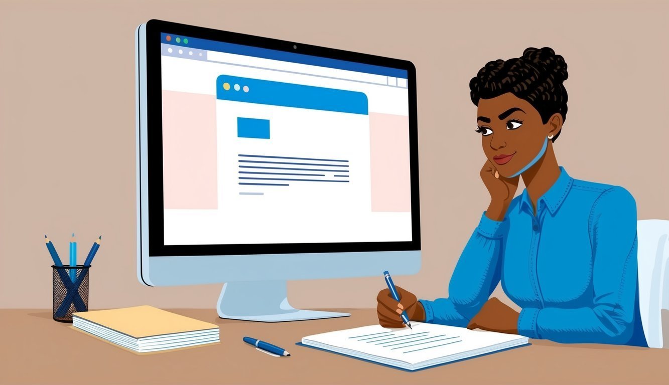 Woman writing at desk with computer displaying document