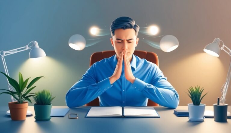 Man meditating at desk with lamps, plants, and open book