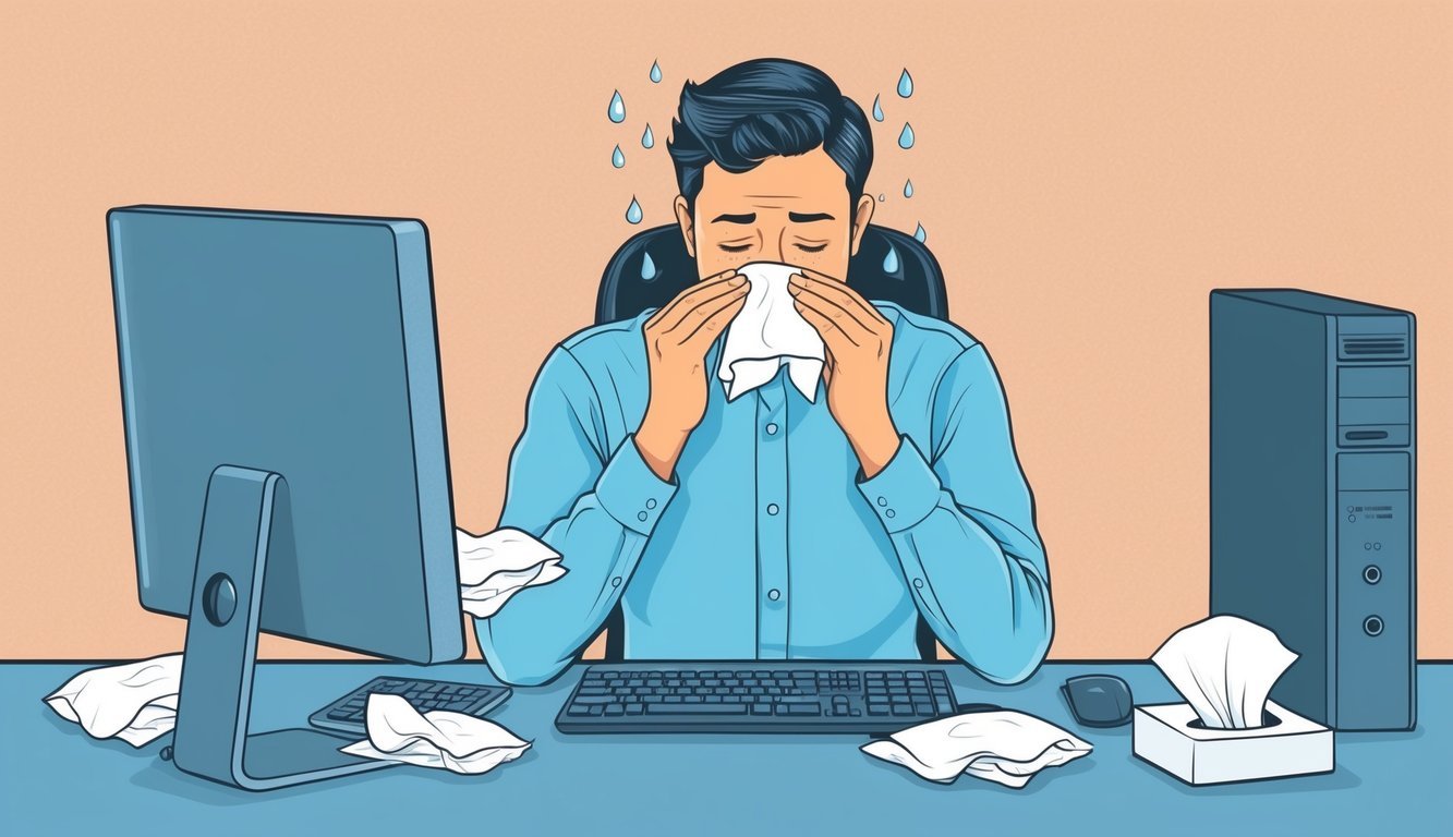 A person sitting at a desk, surrounded by tissues and a computer, trying to hold back tears