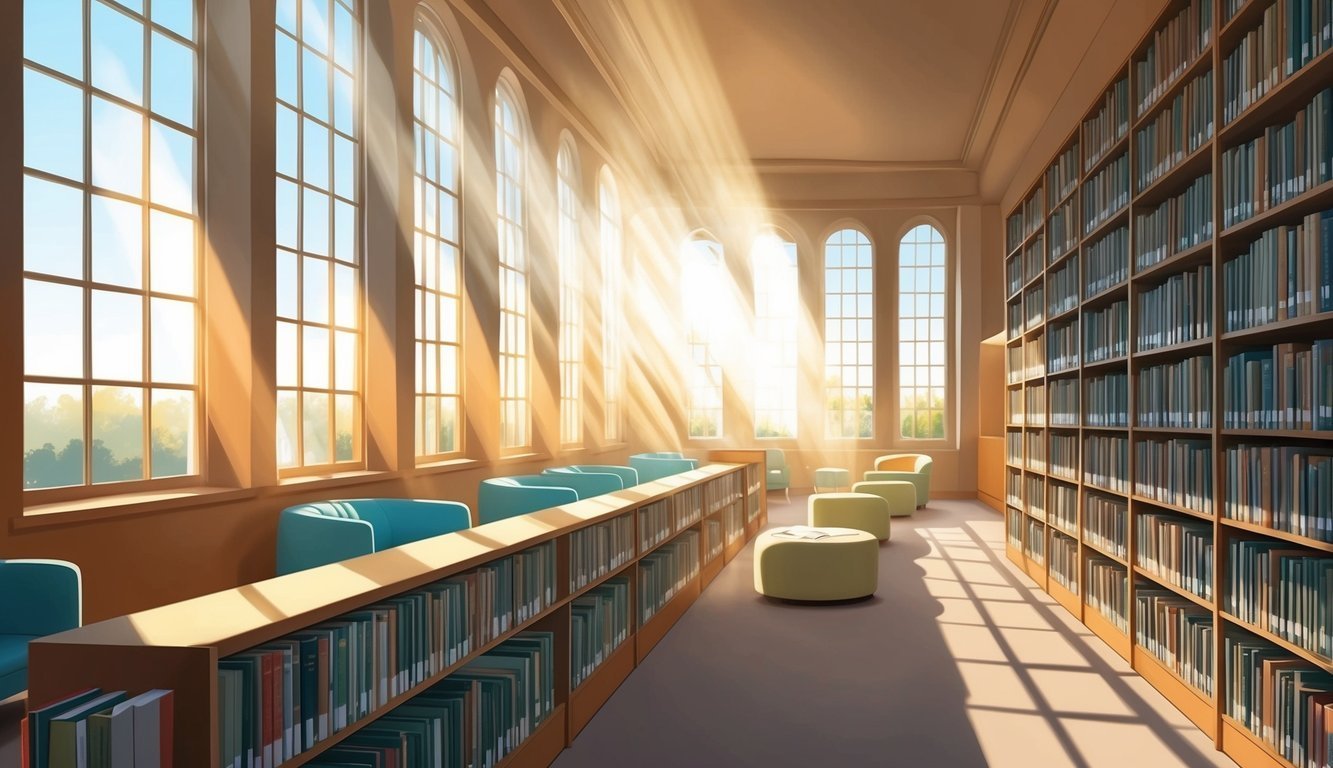 Sunlit library interior with bookshelves, windows, and seating areas