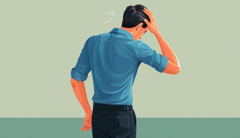 Man in blue shirt, hand on head, looking down, stressed or worried