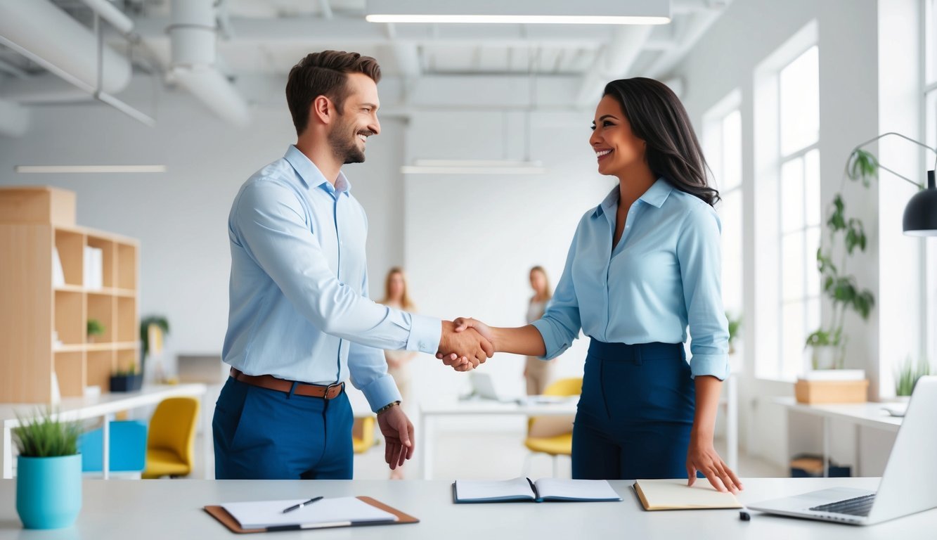 A smiling employee shaking hands with their boss in a bright, airy office setting