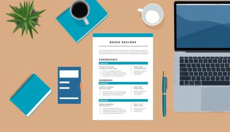 Resume, laptop, coffee, and notepad on a desk, top-down view