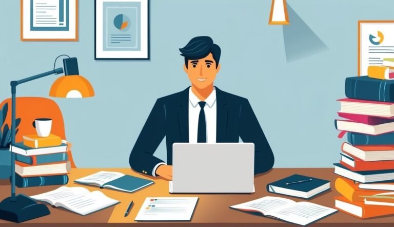 Man in suit at desk with laptop, books, and documents