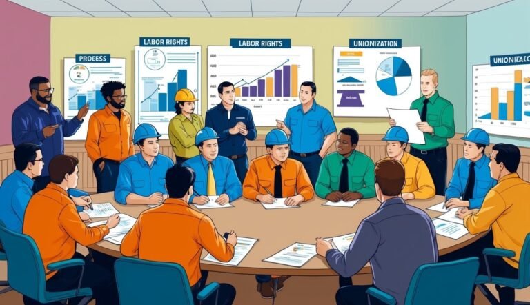 Group of people in a meeting discussing labor rights and unionization