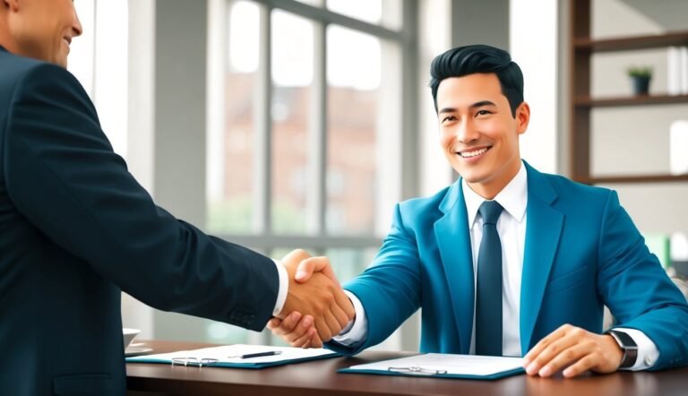 Two businessmen shaking hands, smiling, in an office setting
