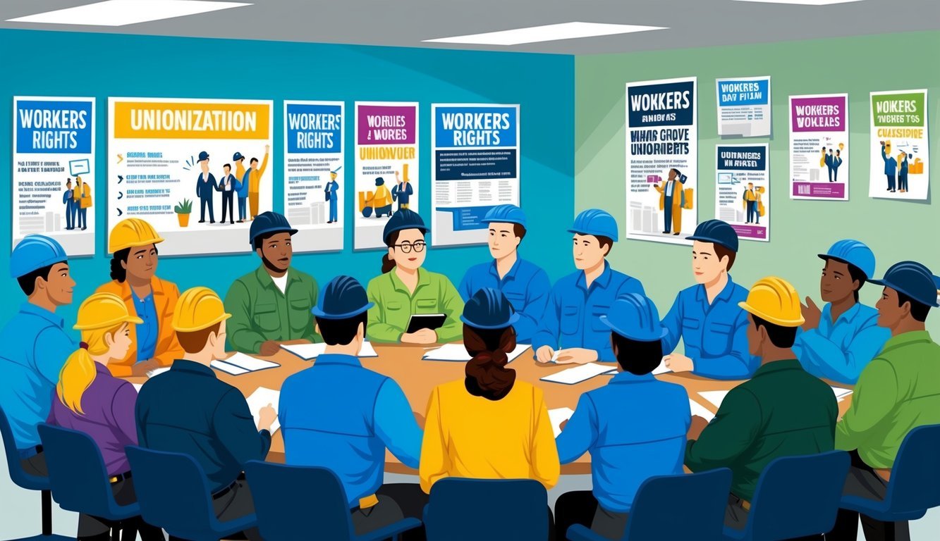 A group of workers gather in a meeting room, discussing unionization and strategizing next steps.</p><p>Posters and flyers advocating for workers' rights cover the walls