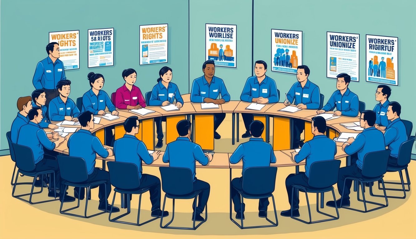 A group of workers gather in a meeting, discussing and planning how to unionize their workplace.</p><p>Tables and chairs are arranged in a circle, with posters and flyers about workers' rights on the walls