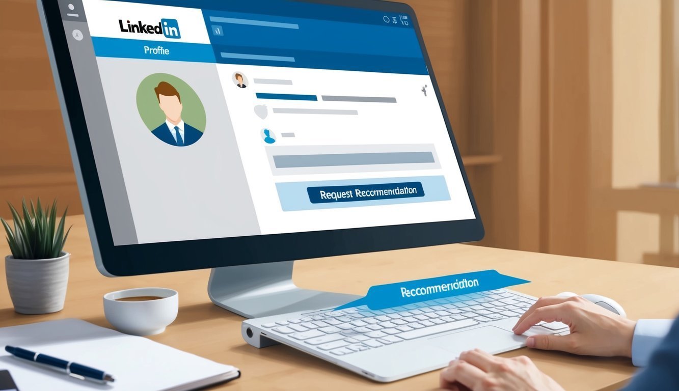 LinkedIn profile on a computer screen with a request recommendation button