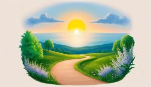 Scenic illustration of a winding path through a green landscape with a sunset