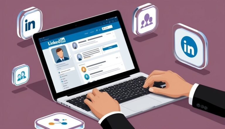 Person using a laptop with LinkedIn profile open, surrounded by icons