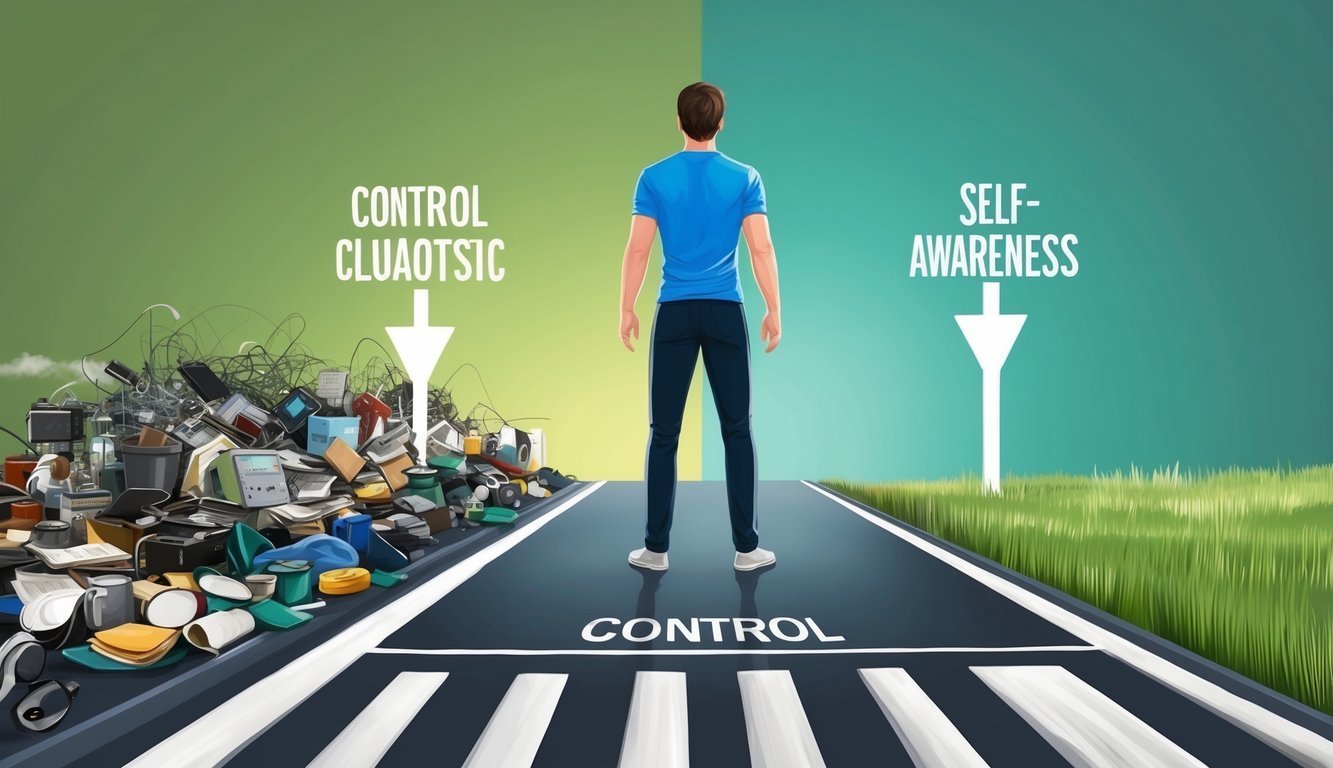 Man standing on a road between chaos and self-awareness, control