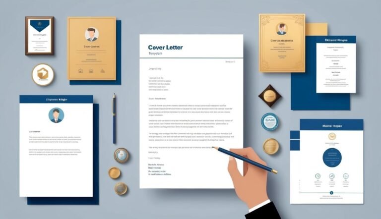 A hand writing on a cover letter surrounded by documents and certificates