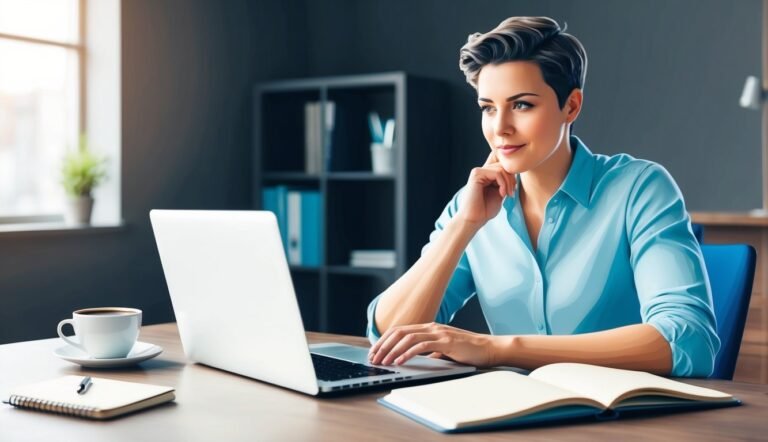 Woman in blue shirt working on laptop at a desk, looking thoughtful