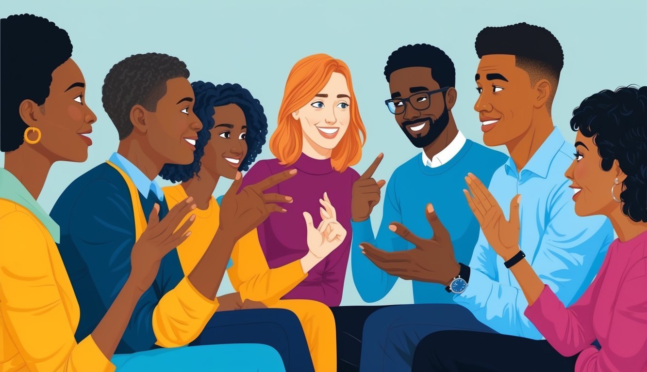 A diverse group of people engaging in conversation, using hand gestures and facial expressions to communicate without relying on the word "like."