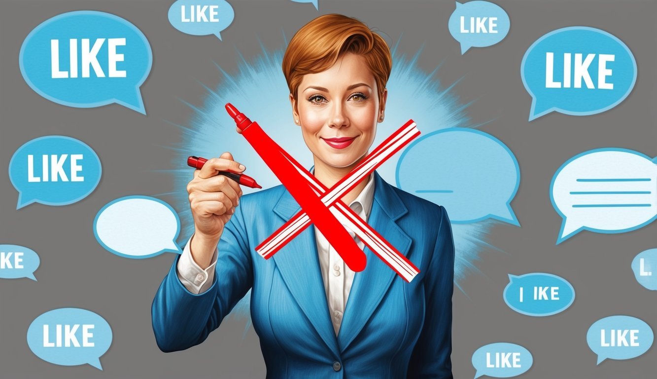 A person surrounded by speech bubbles, crossing out the word "like" with a red pen