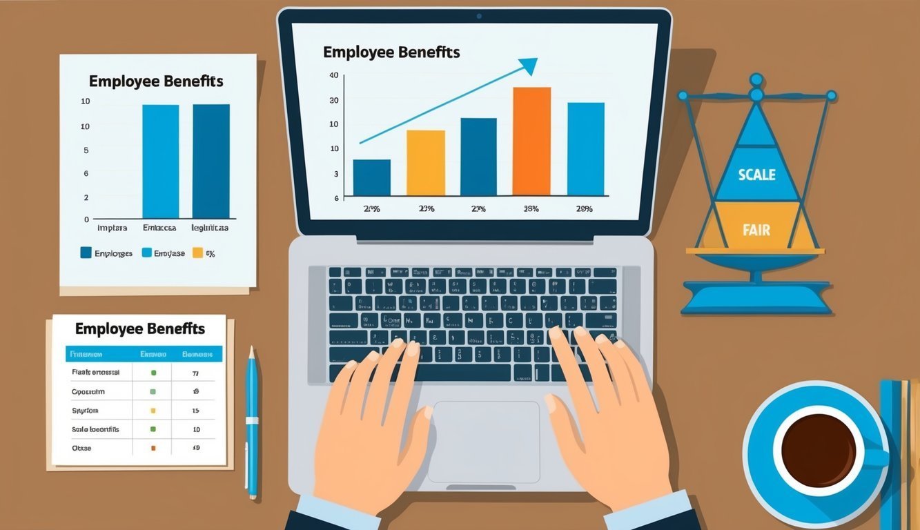 Laptop with employee benefits charts, scales, and hands typing