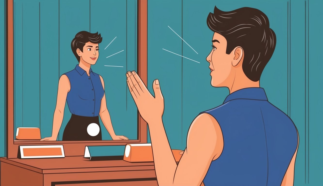 A person standing in front of a mirror, practicing speaking with a strong and assertive tone