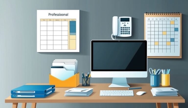 Office desk with computer, calendar, phone, and office supplies