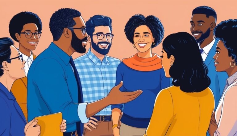 Group of diverse people smiling and talking in a friendly setting