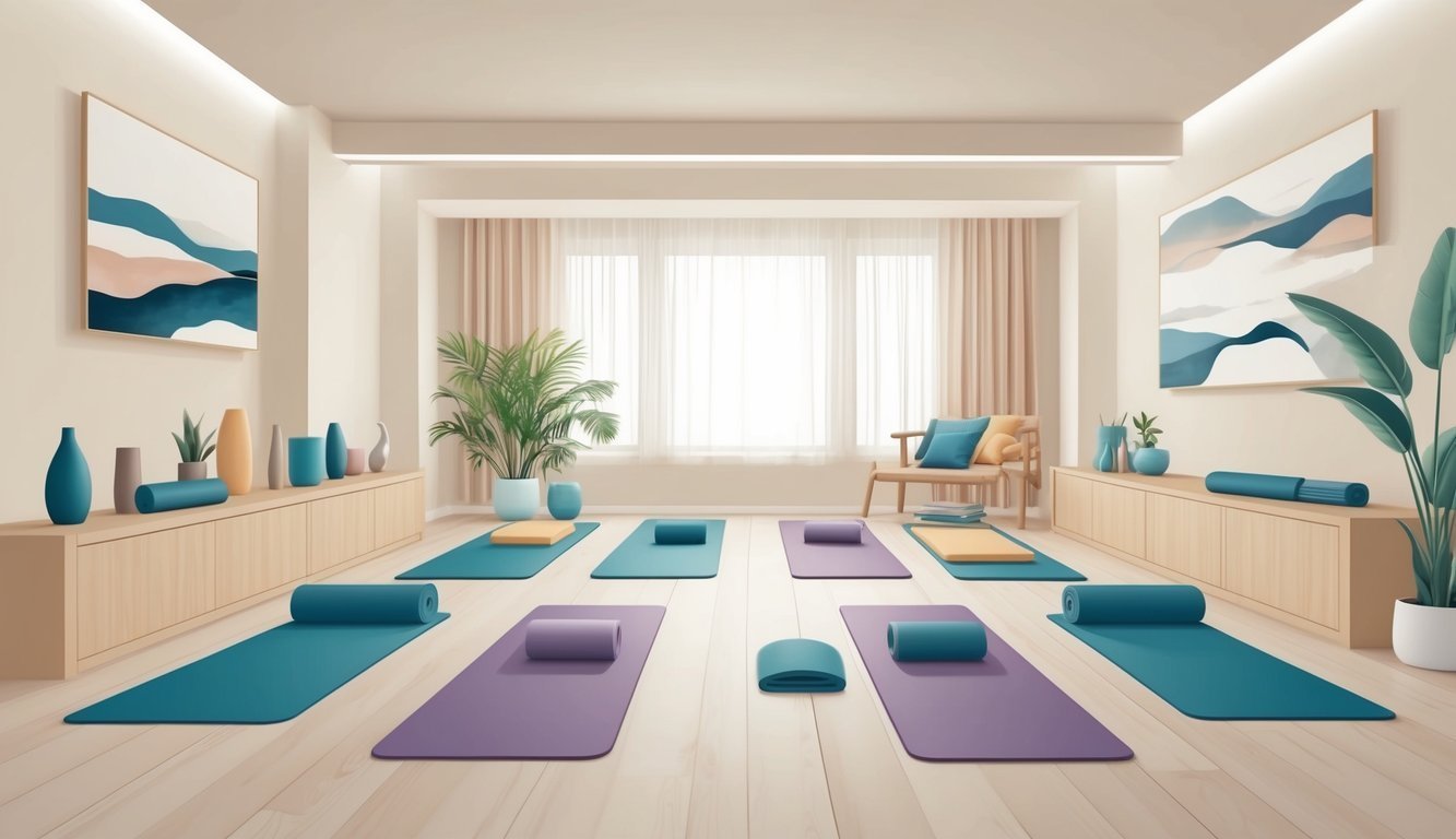 Yoga studio with mats, plants, and artwork, creating a serene atmosphere