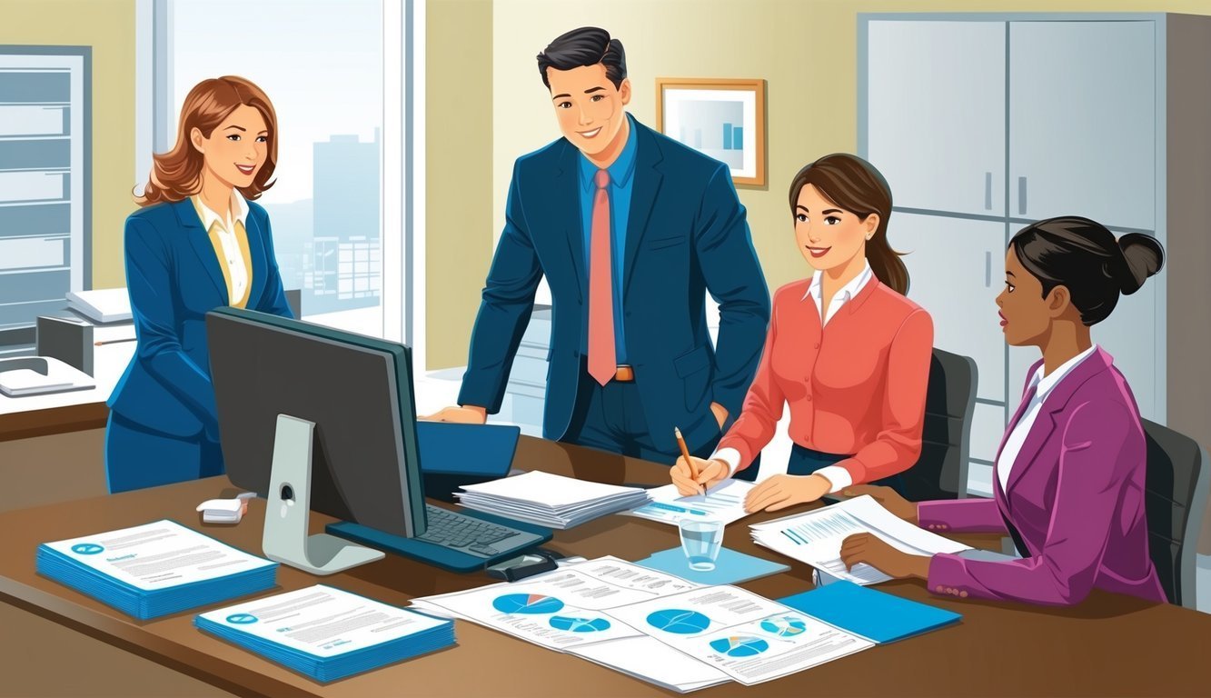 Business team reviewing documents and charts around a conference table