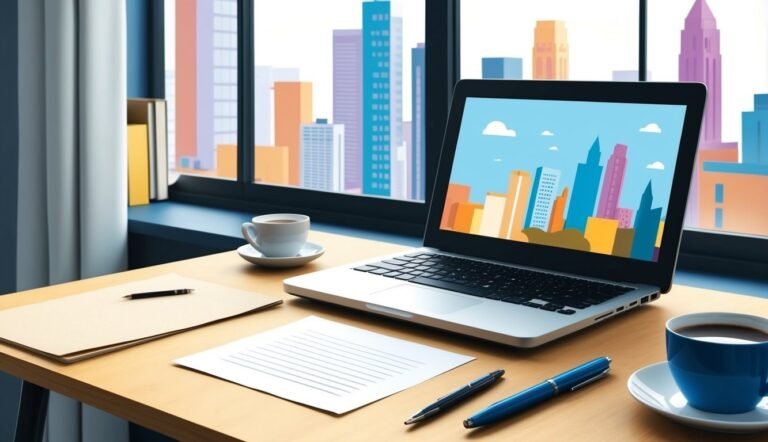 Laptop on desk with city view, coffee, pens, and papers