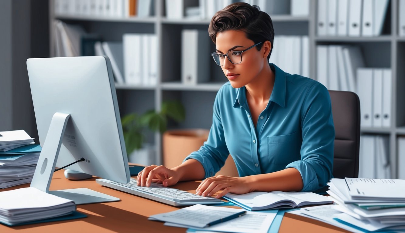 A person typing on a computer, surrounded by papers and reference materials, with a focused and determined expression