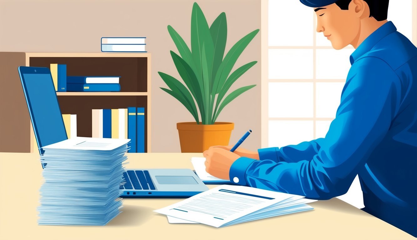 A person sitting at a desk with a laptop and a stack of papers, writing a cover letter.</p><p>A bookshelf and a potted plant in the background