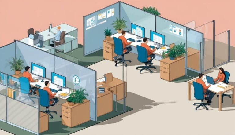 Isometric view of an office with people working at computers