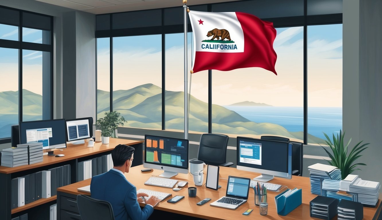 Office with California flag, man working at desk, mountain view