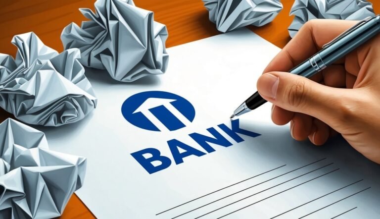 Hand writing on a bank document with crumpled paper around