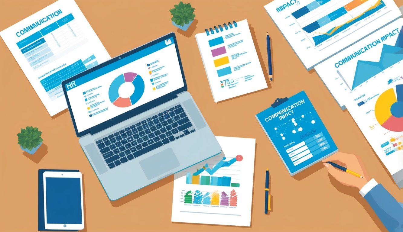 An office desk with a laptop, HR documents, and a chart showing communication impact metrics