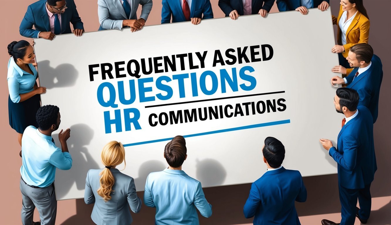 A group of diverse people gather around a large banner with the words "Frequently Asked Questions Hr Communications" displayed prominently