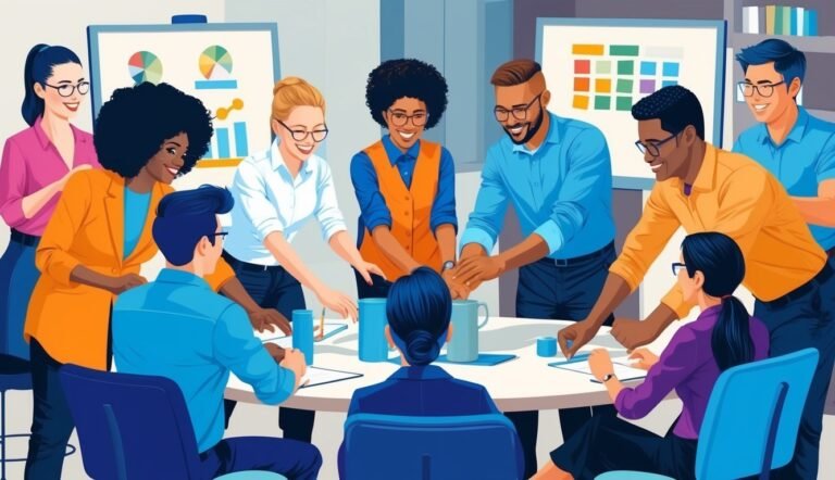 Diverse group of people in a meeting, hands together, teamwork concept